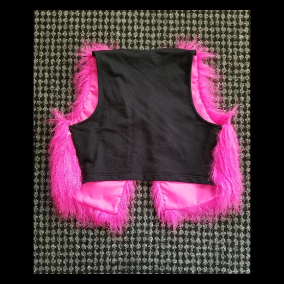 DREAMWORKS Trolls Shimmery Hot Neon Pink Monster Fur Cropped Vest Top - Picture 8 of 10